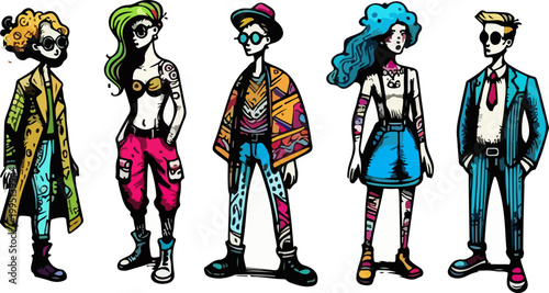 Urban Lifestyle Hipster Character Illustration Set with Stylish Clothing, Modern Accessories, and Creative Visual Storytelling.