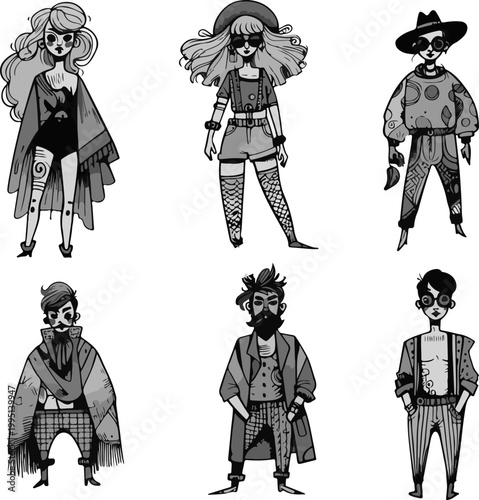 Urban Youth Hipster Illustration Collection Featuring Diverse Characters, Creative Clothing Styles, and Contemporary Fashion Trends