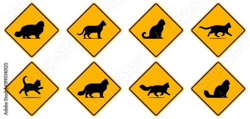Set mit amerikanischen Warnschildern für Hunde und verschiedene Hunderassen in gelber Rautenform