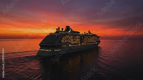 Cruise ship sailing at sunset across the ocean with illuminated decks and wake trail