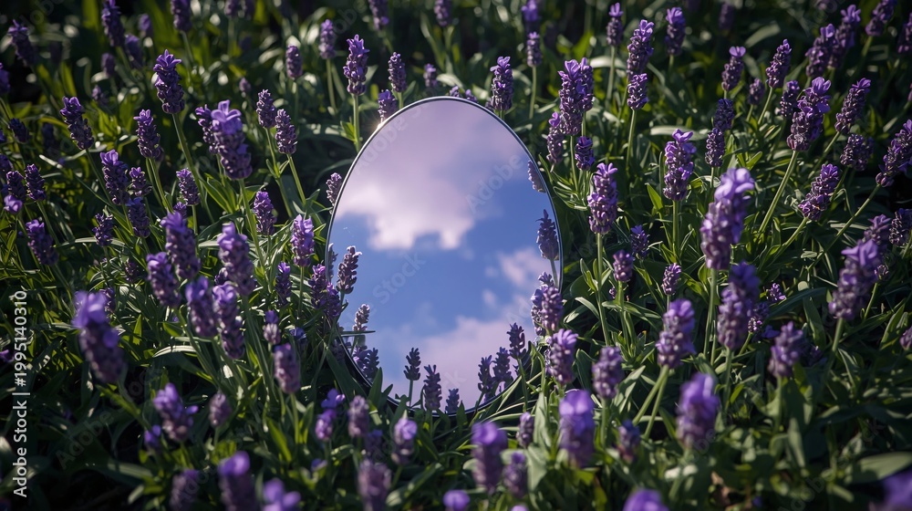 Obraz premium A mirror among lavender reflects the sky.
