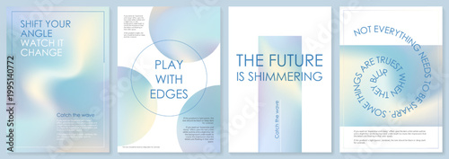 Iridescent gradient background of hologram blue poster. Pastel gradation texture, holo paper. Abstract blurry pattern design, mirror glitter effect with wavy modern laser shape. Neon minimal degrade