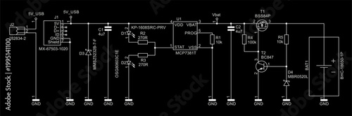 Schematic diagram of electronic device.
Vector technical drawing electrical circuit with 
controller, resistor, capacitor,
integrated circuit, diode, led,
other components on paper sheet.