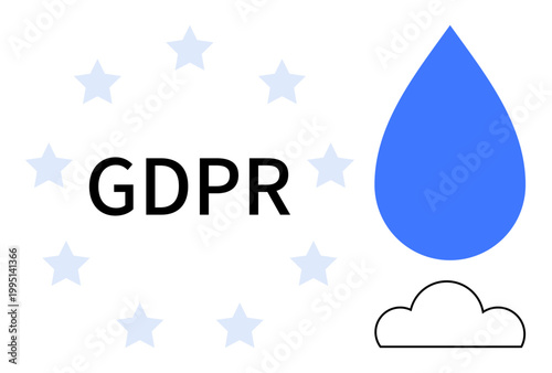 Data protection, compliance, privacy law, internet security, cloud computing, data storage. GDPR text with stars in a circle, blue droplet and cloud. Data protection and compliance theme