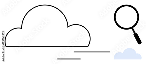 Cloud computing theme. Cloud computing with a cloud, data flow, and magnifying glass indicating search and monitoring. Cloud computing for technology, innovation, storage, analytics, and IT solutions