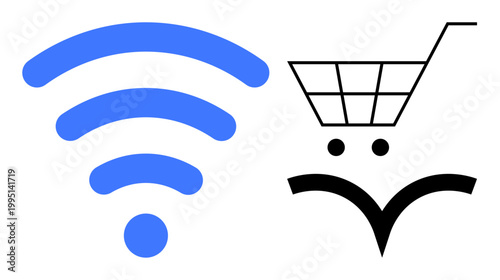 Online shopping, e-commerce, digital retail, internet access, wireless connection, and web transactions. Blue wireless signal next to a shopping cart icon. Online shopping and e-commerce
