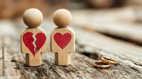 Two wooden figures with broken and unbroken hearts stand on wood near wedding rings representing love and relationships