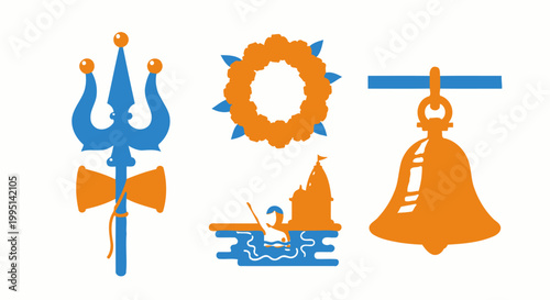 Set of Hindu religious icons featuring trishul and bell