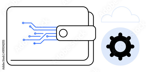 Digital wallet concept. Digital wallet with futuristic circuit design, gear symbol, and cloud element signifying secure online transactions. Digital wallet used in fintech, e-commerce, data security