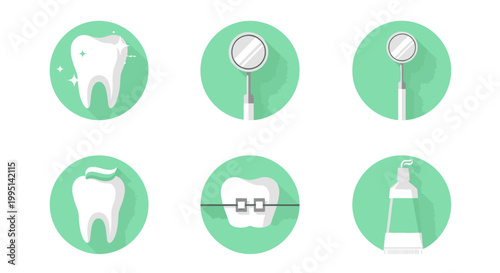 Set of green flat dental icons for dentistry and healthcare
