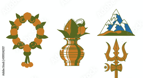 Set of Indian spiritual icons kalash trishula and marigold garland