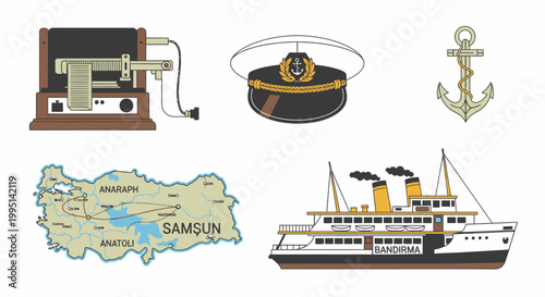 Set of historical nautical icons featuring Bandirma ship and map