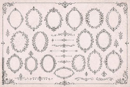 Oval Botanical Frame Pack. Vintage Calligraphic Ornament SVG Vector Set for Invitations, Borders, Labels and Decorative Stationery Design, oval frame, botanical border, floral oval, wreath label
