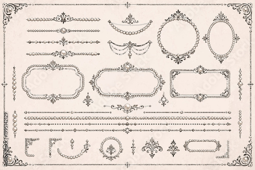 Pearl Bead Border Pack. Vintage Calligraphic Ornament SVG Vector Set for Invitations, Borders, Labels and Decorative Stationery Design, pearl border, bead ornament, jewelry trim