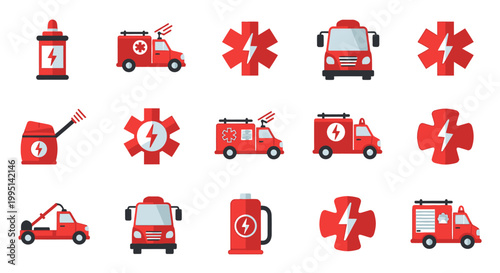 Set of red emergency response and electric fire vehicle icons