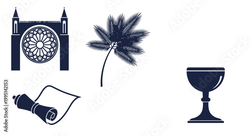 Set of religious icons including cathedral palm leaf and chalice