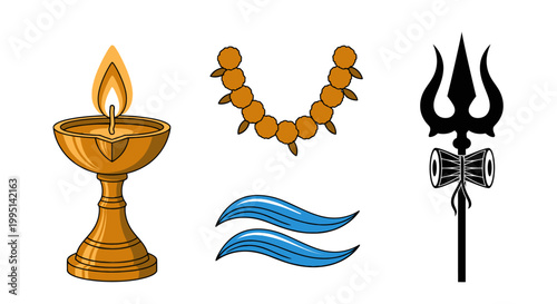Set of traditional Hindu spiritual symbols with diya and trishul