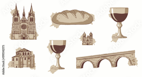 Set of vintage French travel icons with cathedral wine bread