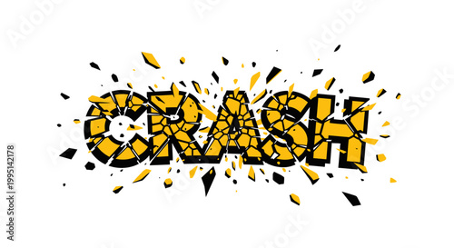 Shattering crash text with yellow fragments on white background