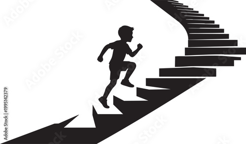Fast Running Boy Climbing Conceptual Staircase Vector Silhouettes