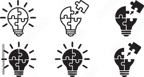 Schilderij op canvas Set of light bulb puzzle icons for problem solving and creative thinking in line