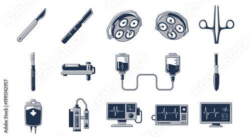 Surgical and medical equipment icons in minimalist flat style
