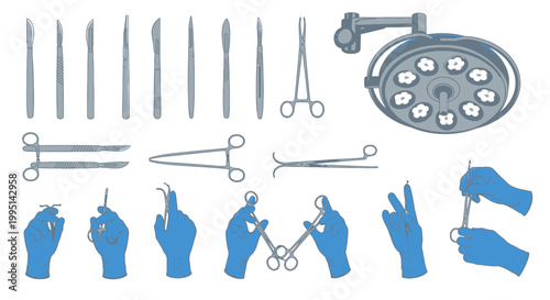 Surgical instruments and gloved hands illustration for medical surgery