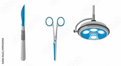 Surgical scalpel scissors and operating room lamp on white