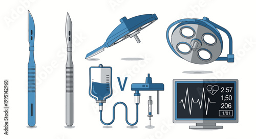 Surgical equipment set with scalpels monitor and medical tools