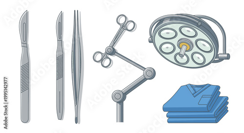 Surgical tools and medical equipment collection on white background