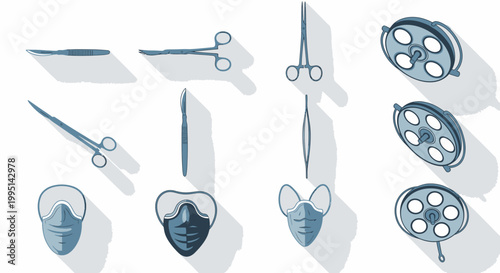 Surgical instruments and medical equipment icons on white background