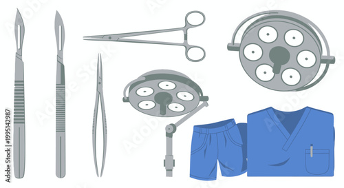 Surgical tools scalpels and blue medical scrubs flat illustration