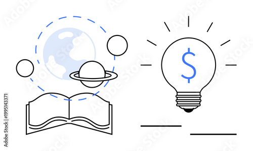 Education, innovation, finance strategy, global learning, knowledge sharing, creativity. Open book with planets orbiting and a lightbulb with dollar symbol. Education and innovation concept