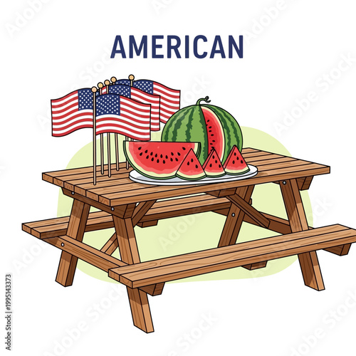 Vector illustration of a festive American summer picnic with a wooden table, fresh watermelon, and patriotic flags for outdoor celebration