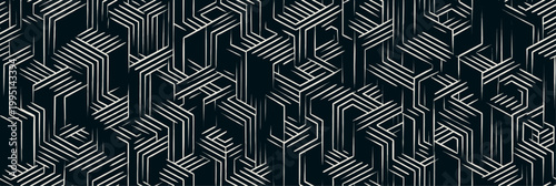 Abstract geometric pattern creating illusion of cubes. Repeating striped hexagons and rectangles forming a complex isometric structure