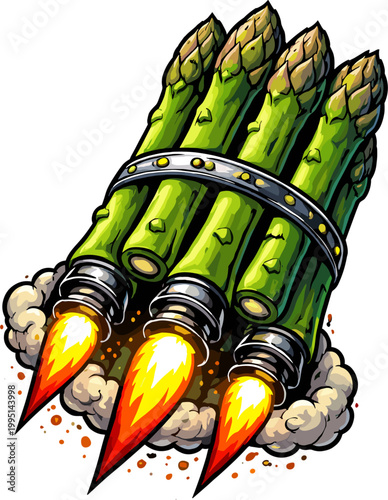 Asparagus rocket with jet engines and exhaust flames, food and technology fusion