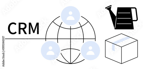 CRM, global connections, customer networks, logistics, business efficiency, product growth. Globe with network, user icons watering can and a box. CRM and global connections visualization