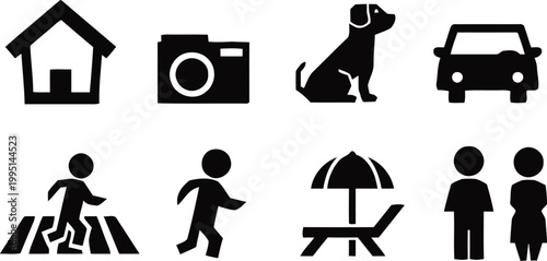 Black silhouette icons house camera dog car people umbrella and bench simple pictograms