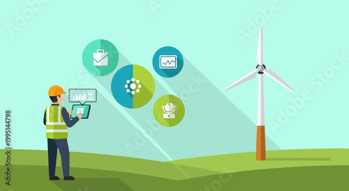Engineer Monitoring Wind Turbine Performance with Digital Tablet
