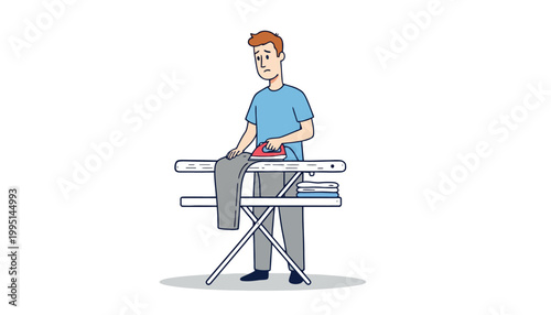 Vsai man doing laundry ironing clothes looking bored