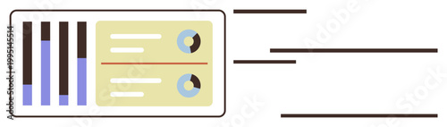 Business analytics, performance metrics, data visualization, reports, financial planning, corporate assessment. Box with bar graphs, text and pie charts. Business analytics and performance metrics