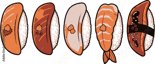 Set of five pixel art sushi pieces, salmon, tuna, shrimp, and eel nigiri, on white background