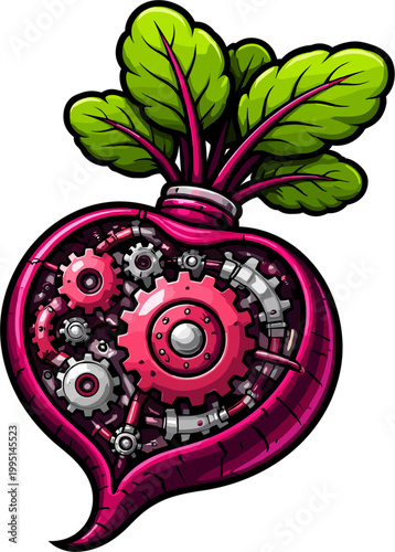 Steampunk beet with visible gears and mechanisms inside, vibrant pink root vegetable with green leaves, healthy food concept