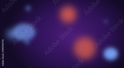 Glowing purple background with blue and orange bokeh lights in dark atmosphere for cinematic design