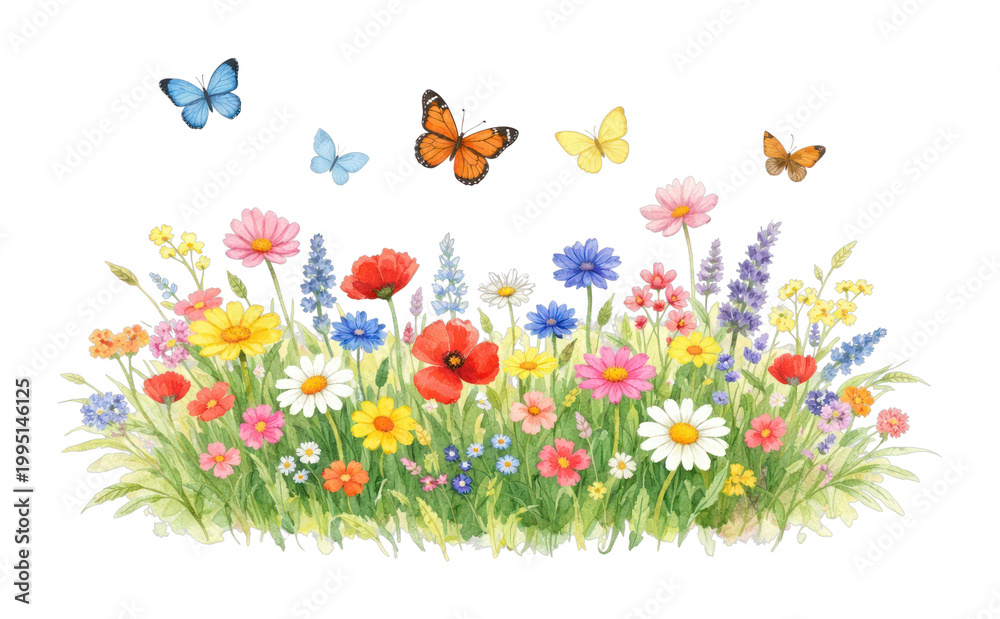 Fototapeta premium PNG Colorful butterflies and flowers illustration.