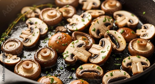 Close-up of mushrooms sautéed in butter in a frying pan, glossy texture with rich golden tones, sizzling detail, gourmet cooking concept, appetizing food background.