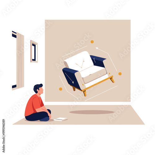 Man contemplating a futuristic armchair in a minimalist virtual reality art gallery, modern design concept