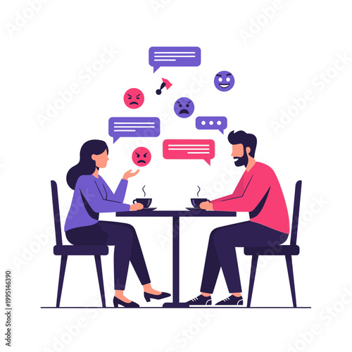 Couple arguing over coffee, communication breakdown, negative emotions, conflict in relationships, social issues illustration