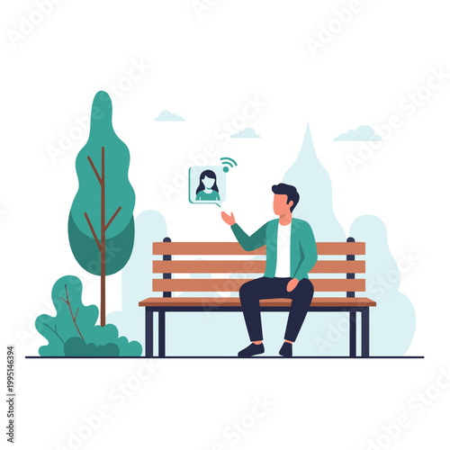 Man sitting on a park bench having a video call with a woman wearing a mask, social distancing concept