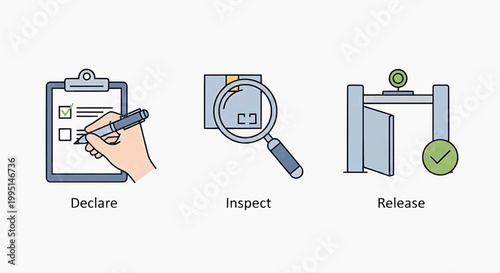 A hand declares and inspects documents before releasing them through a gate
